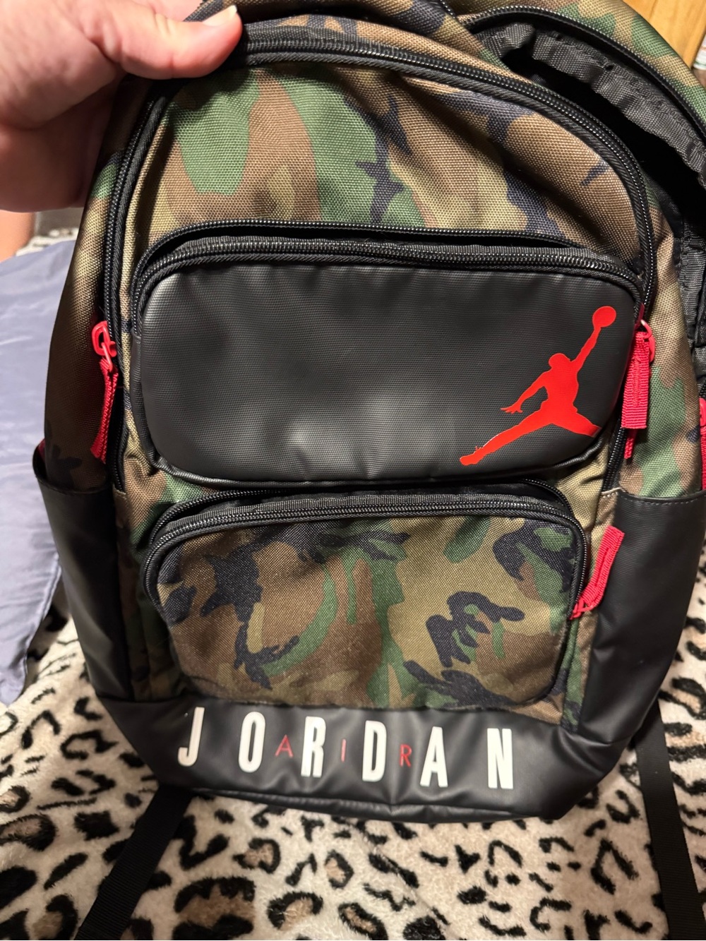 Jordan Camo Backpack in Green/Black with Red Accents